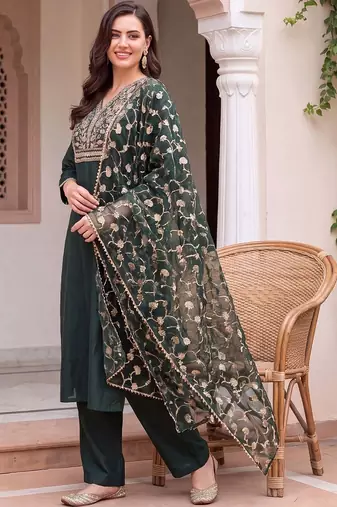 women ethnic motifs embroidered regular thread work liva kurta with trousers & with dupatta