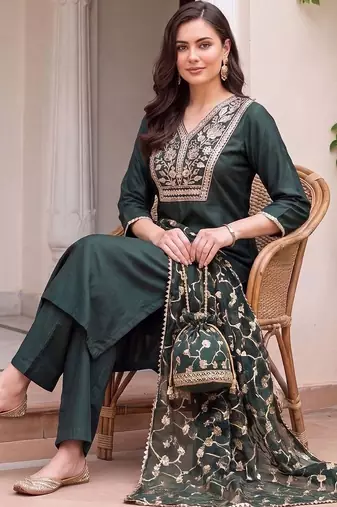 women ethnic motifs embroidered regular thread work liva kurta with trousers & with dupatta