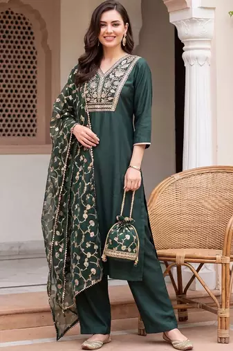 women ethnic motifs embroidered regular thread work liva kurta with trousers & with dupatta