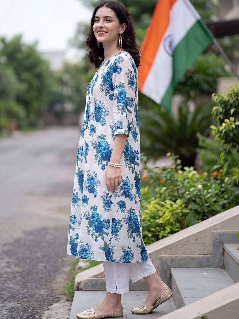 women floral printed regular cotton kurta with trousers