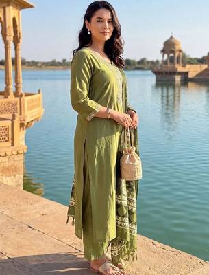 women ethnic motifs embroidered regular thread work kurta with trousers & with dupatta 5
