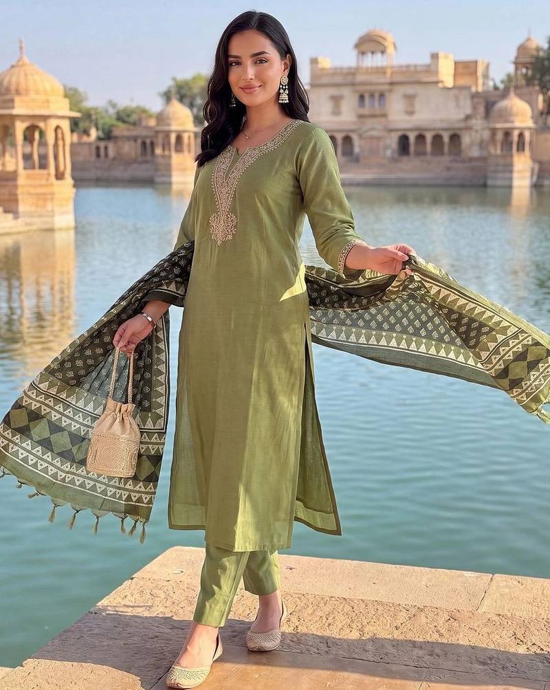 women ethnic motifs embroidered regular thread work kurta with trousers & with dupatta