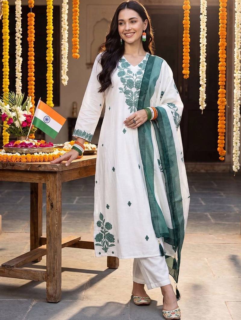 women floral embroidered regular thread work cotton kurta with trousers & with dupatta