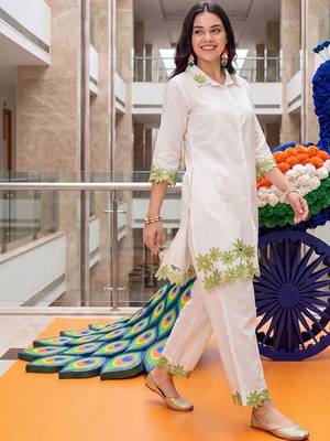 women floral embroidered regular thread work cotton kurta with trousers 3