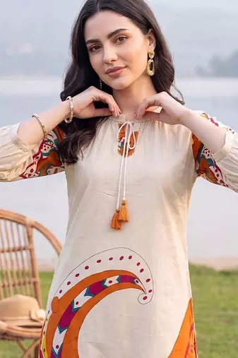 women printed regular cotton kurta with trousers