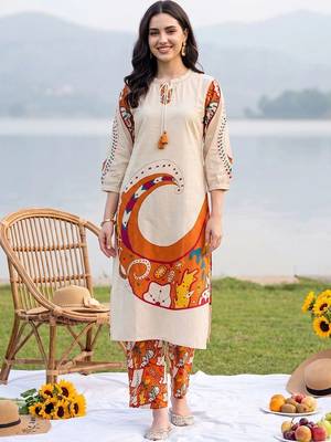 women printed regular cotton kurta with trousers 5