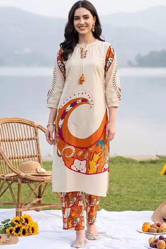 women printed regular cotton kurta with trousers