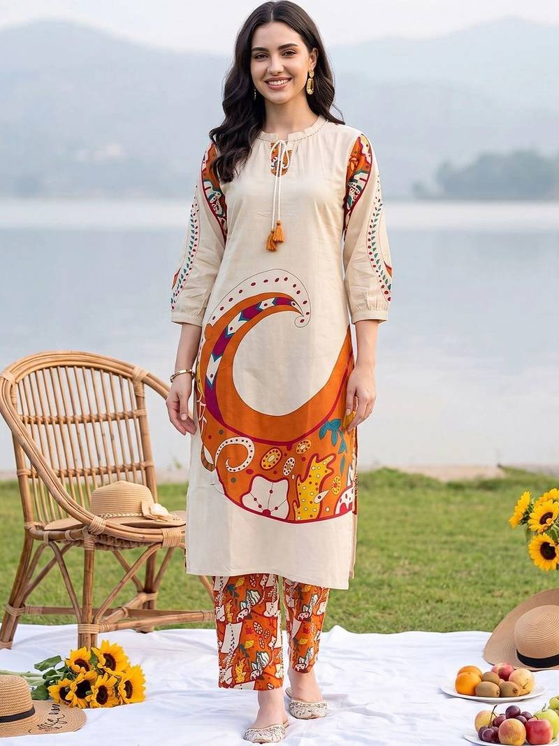 women printed regular cotton kurta with trousers