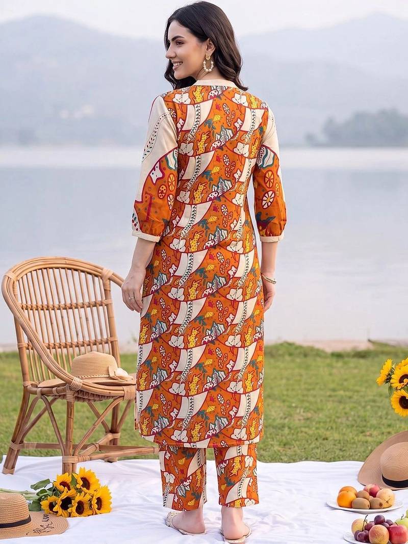 women printed regular cotton kurta with trousers