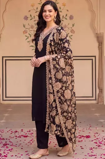 women ethnic motifs embroidered regular thread work kurta with trousers & with dupatta