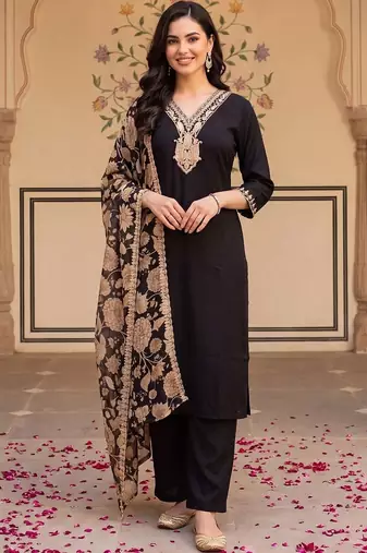 women ethnic motifs embroidered regular thread work kurta with trousers & with dupatta