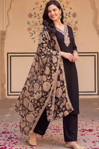 women ethnic motifs embroidered regular thread work kurta with trousers & with dupatta