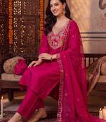 women ethnic motifs embroidered regular thread work kurta with trousers & with dupatta