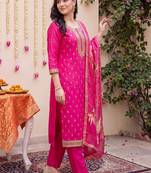 women ethnic motifs embroidered regular kurta with trousers & with dupatta