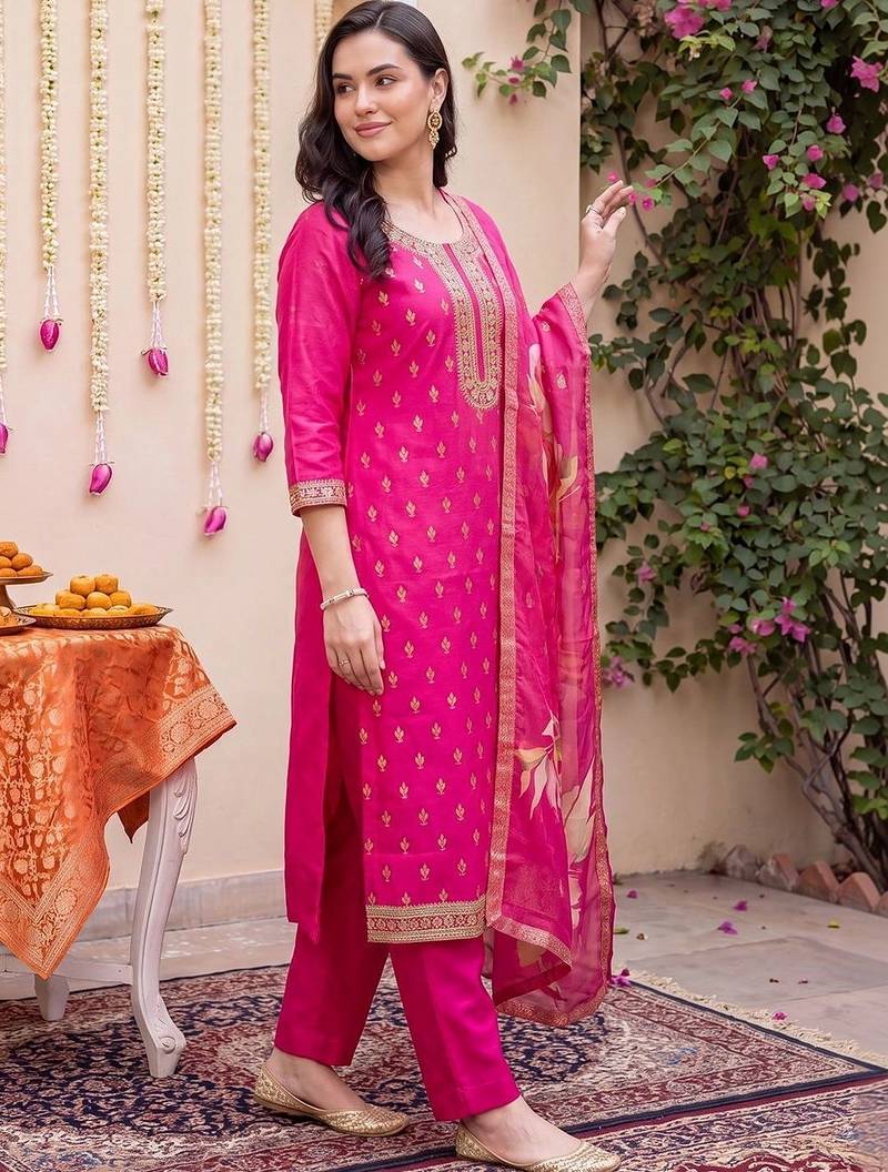 women ethnic motifs embroidered regular kurta with trousers & with dupatta