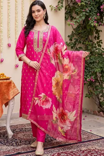 women ethnic motifs embroidered regular kurta with trousers & with dupatta