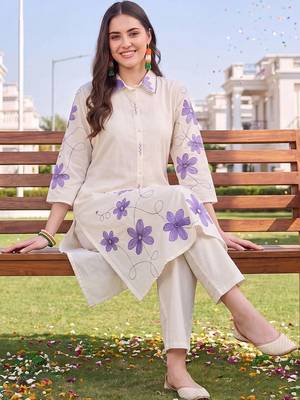 women floral embroidered regular thread work cotton kurta with trousers 1