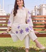 women floral embroidered regular thread work cotton kurta with trousers