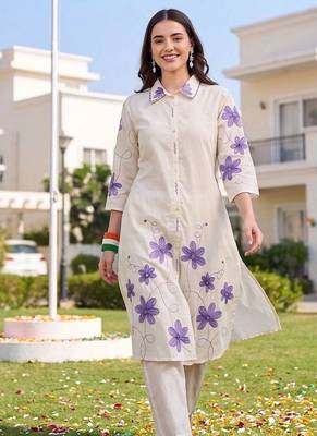 women floral embroidered regular thread work cotton kurta with trousers 3