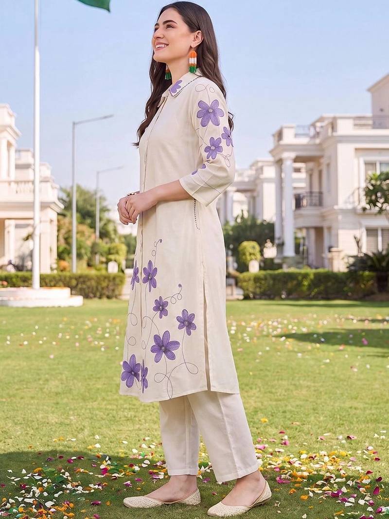 women floral embroidered regular thread work cotton kurta with trousers