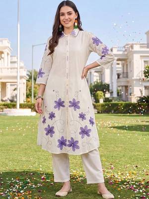 women floral embroidered regular thread work cotton kurta with trousers 5