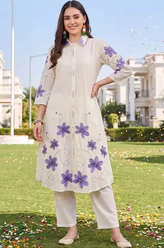 women floral embroidered regular thread work cotton kurta with trousers