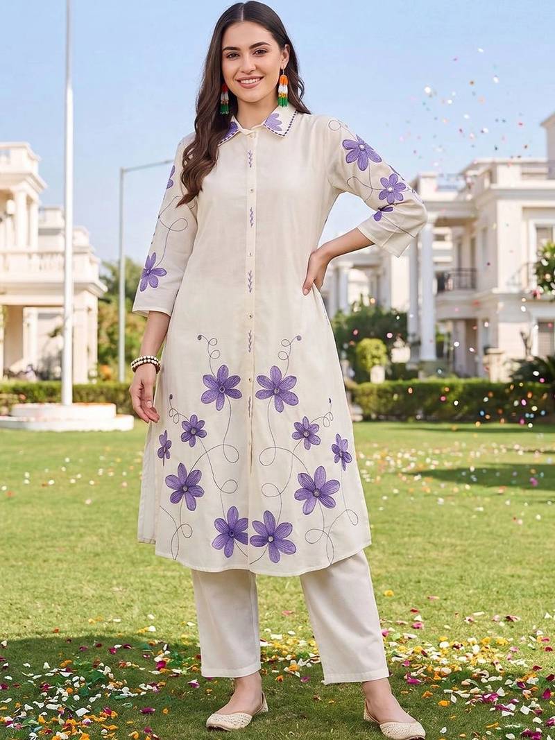 women floral embroidered regular thread work cotton kurta with trousers