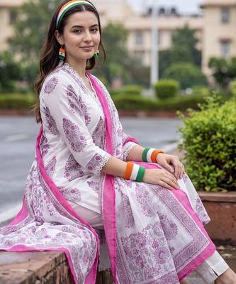 women ethnic motifs printed regular cotton kurta with trousers & with dupatta 2