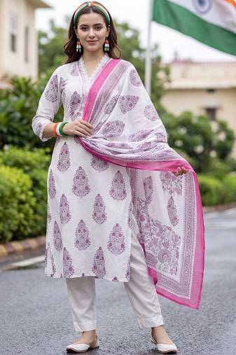 women ethnic motifs printed regular cotton kurta with trousers & with dupatta