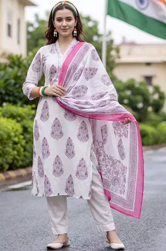 women ethnic motifs printed regular cotton kurta with trousers & with dupatta