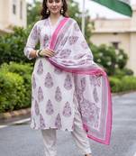 women ethnic motifs printed regular cotton kurta with trousers & with dupatta
