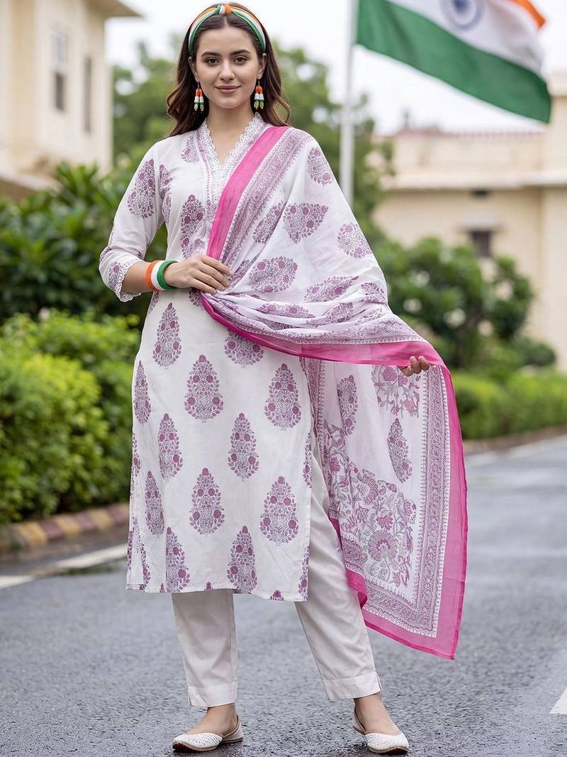 women ethnic motifs printed regular cotton kurta with trousers & with dupatta