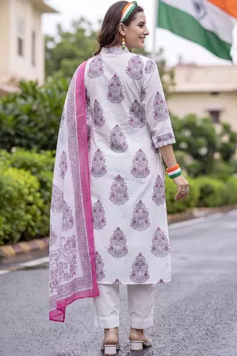 women ethnic motifs printed regular cotton kurta with trousers & with dupatta
