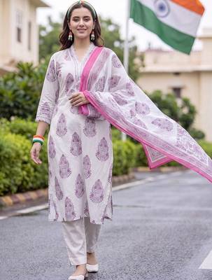 women ethnic motifs printed regular cotton kurta with trousers & with dupatta 6