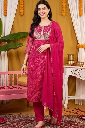 women ethnic motifs printed regular thread work kurta with trousers & with dupatta