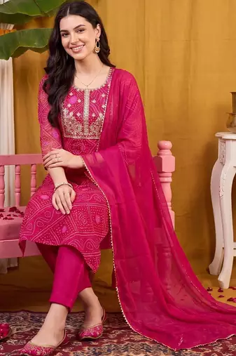 women ethnic motifs printed regular thread work kurta with trousers & with dupatta