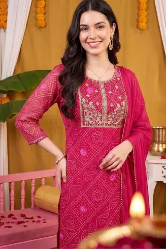 women ethnic motifs printed regular thread work kurta with trousers & with dupatta