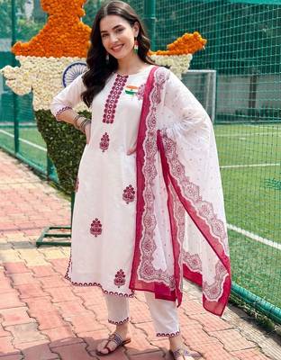 women ethnic motifs embroidered regular thread work cotton kurta with trousers & with dupatta 1