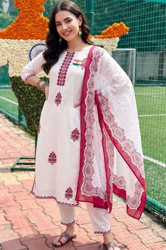 women ethnic motifs embroidered regular thread work cotton kurta with trousers & with dupatta