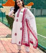 women ethnic motifs embroidered regular thread work cotton kurta with trousers & with dupatta