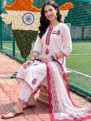 women ethnic motifs embroidered regular thread work cotton kurta with trousers & with dupatta 2
