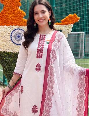 women ethnic motifs embroidered regular thread work cotton kurta with trousers & with dupatta 5