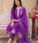 women ethnic motifs embroidered regular thread work liva kurta with trousers & with dupatta