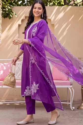 women ethnic motifs embroidered regular thread work liva kurta with trousers & with dupatta