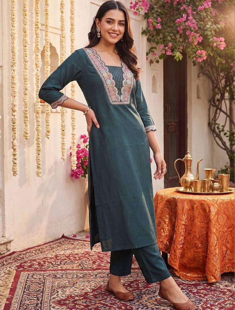 women ethnic motifs embroidered regular thread work kurta with trousers