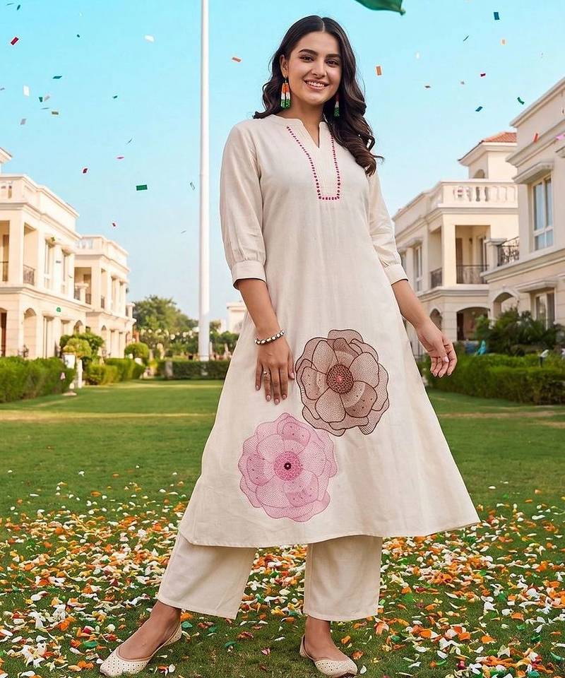 women floral embroidered regular thread work kurta with trousers