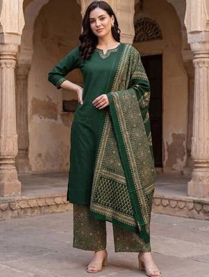 women ethnic motifs regular cotton kurta with palazzos & with dupatta 1