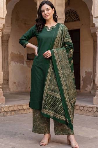 women ethnic motifs regular cotton kurta with palazzos & with dupatta