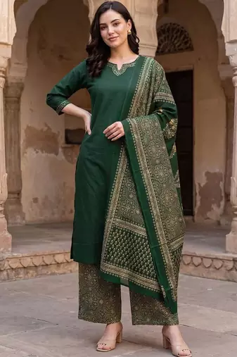 women ethnic motifs regular cotton kurta with palazzos & with dupatta