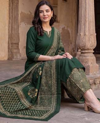 women ethnic motifs regular cotton kurta with palazzos & with dupatta 2